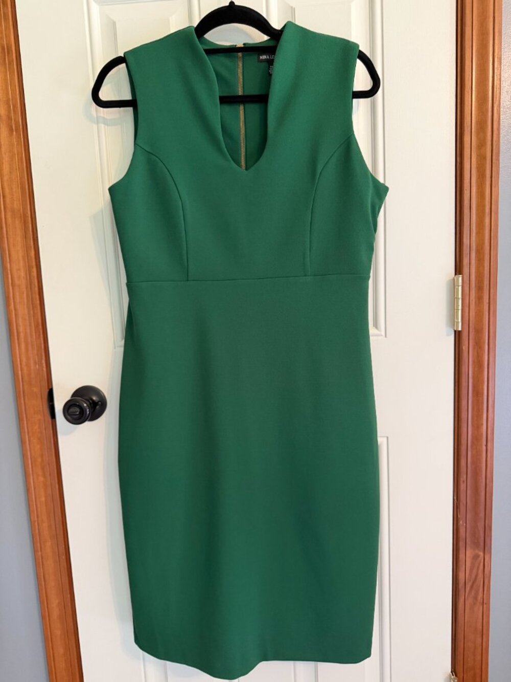 Nina Leonard U-Neck Midi Sheath Dress Green Large